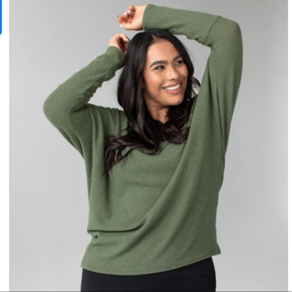 SAVVI Green Medium WAFFLE ZADAR Long Sleeve Top